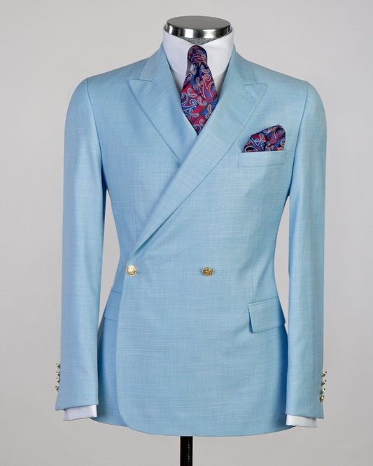 Stylish Sky Blue Double Breasted Peaked Lapel Prom Suits