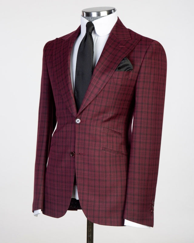 Modern Slim Fit Burgundy 3 Pieces Business Suits With Black Plaid
