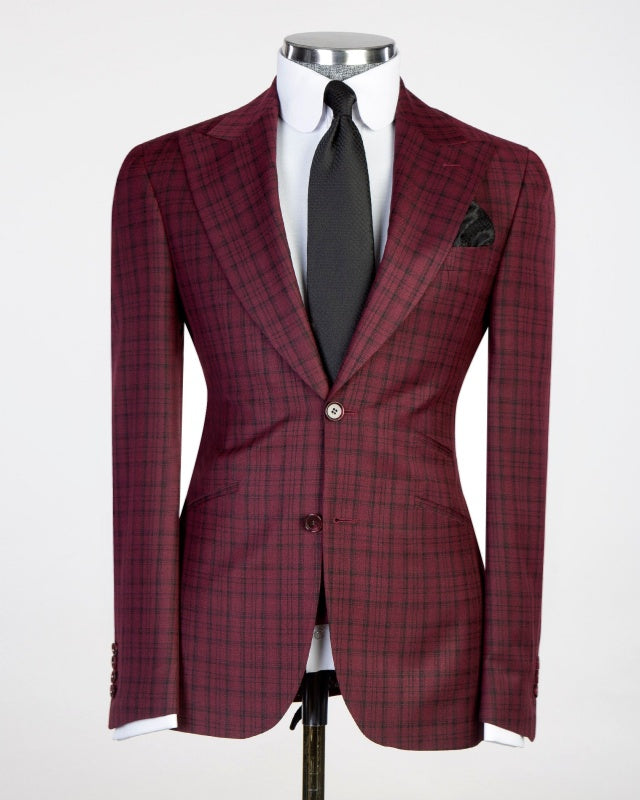 Modern Slim Fit Burgundy 3 Pieces Business Suits With Black Plaid