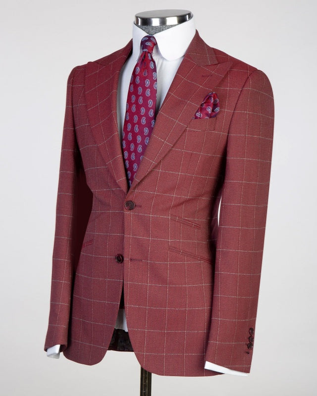 Bespoke Burgundy 3 Pieces Plaid Business Suits With Waistcoat