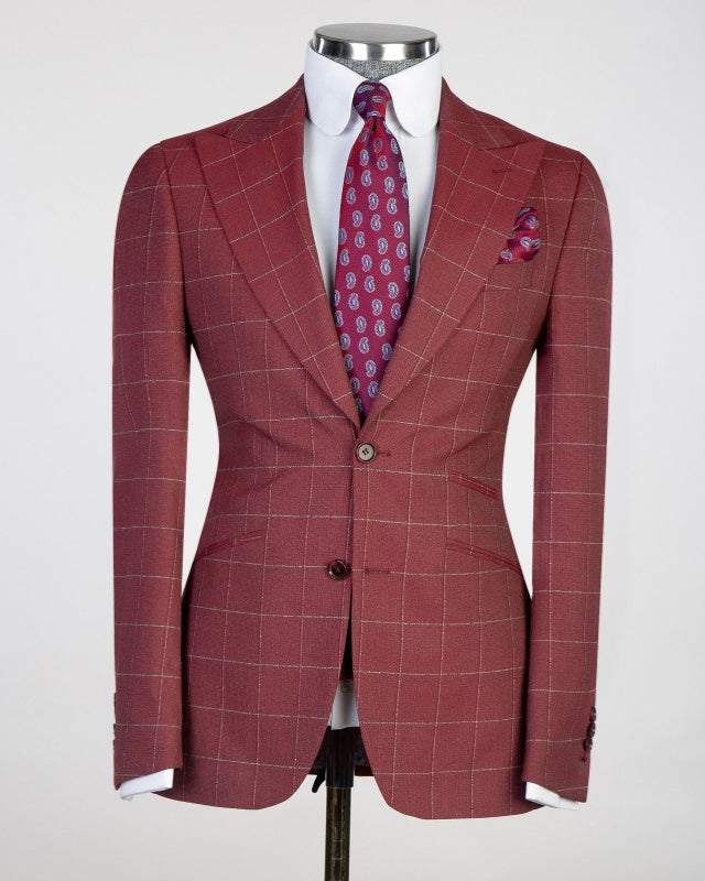 Bespoke Burgundy 3 Pieces Plaid Business Suits With Waistcoat