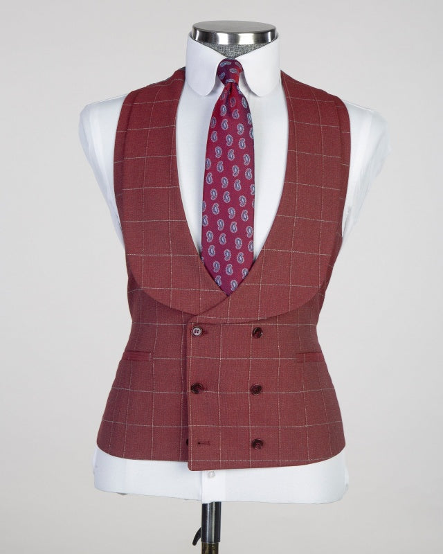 Bespoke Burgundy 3 Pieces Plaid Business Suits With Waistcoat