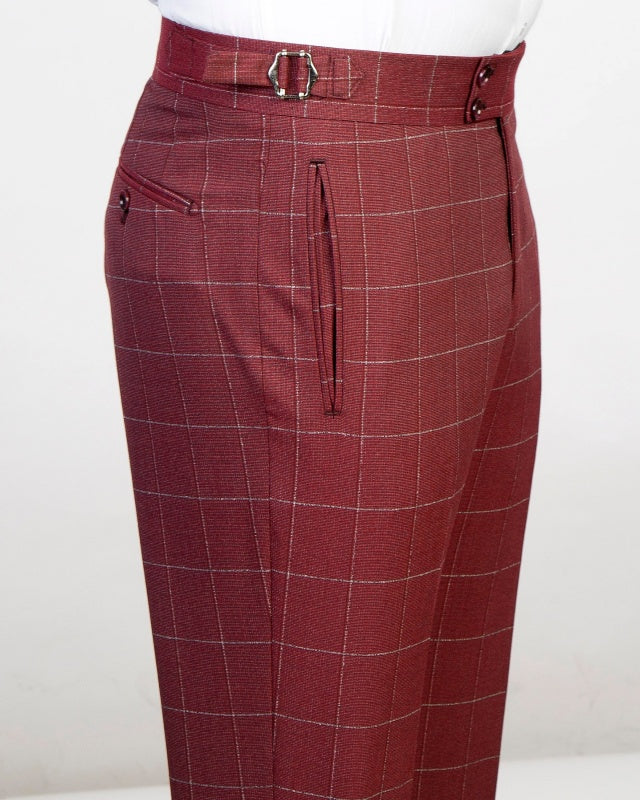 Bespoke Burgundy 3 Pieces Plaid Business Suits With Waistcoat