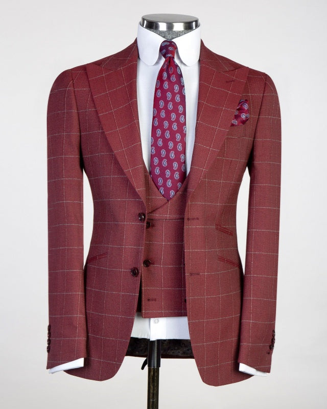 Bespoke Burgundy 3 Pieces Plaid Business Suits With Waistcoat