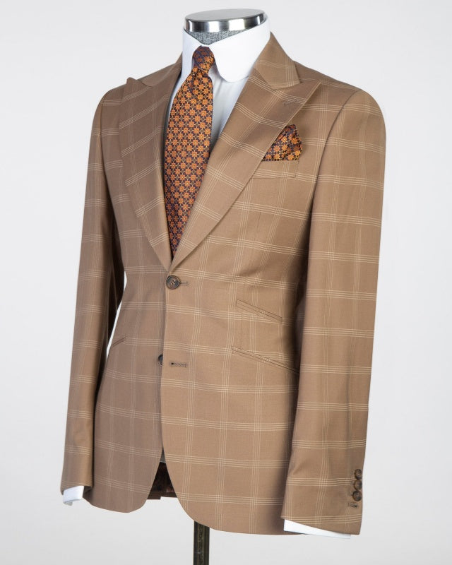 Close Fitting Khaki 3 Pieces Plaid Business Suits For Men