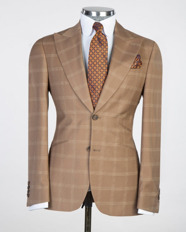 Close Fitting Khaki 3 Pieces Plaid Business Suits For Men