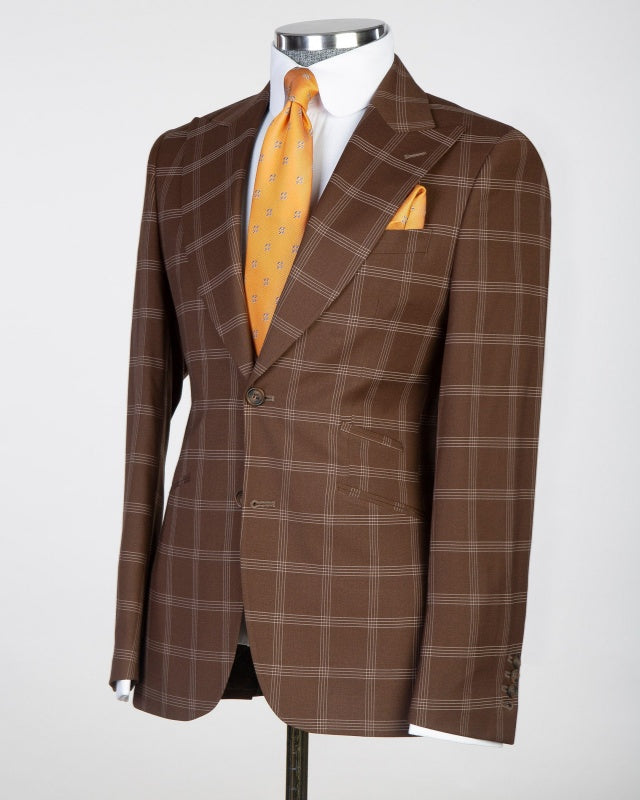 Newest Brown 3 Pieces Plaid Best Fitted Men's Business Suits