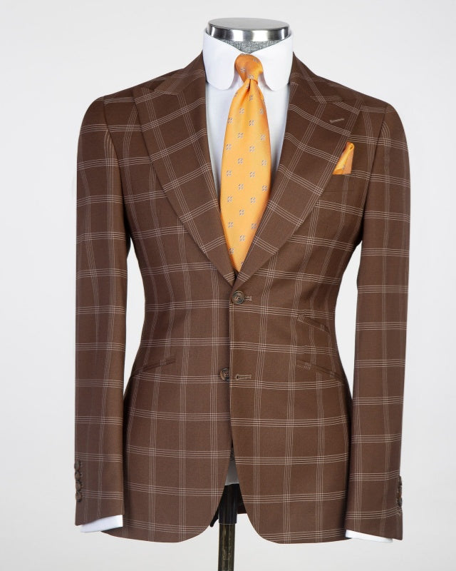 Newest Brown 3 Pieces Plaid Best Fitted Men's Business Suits