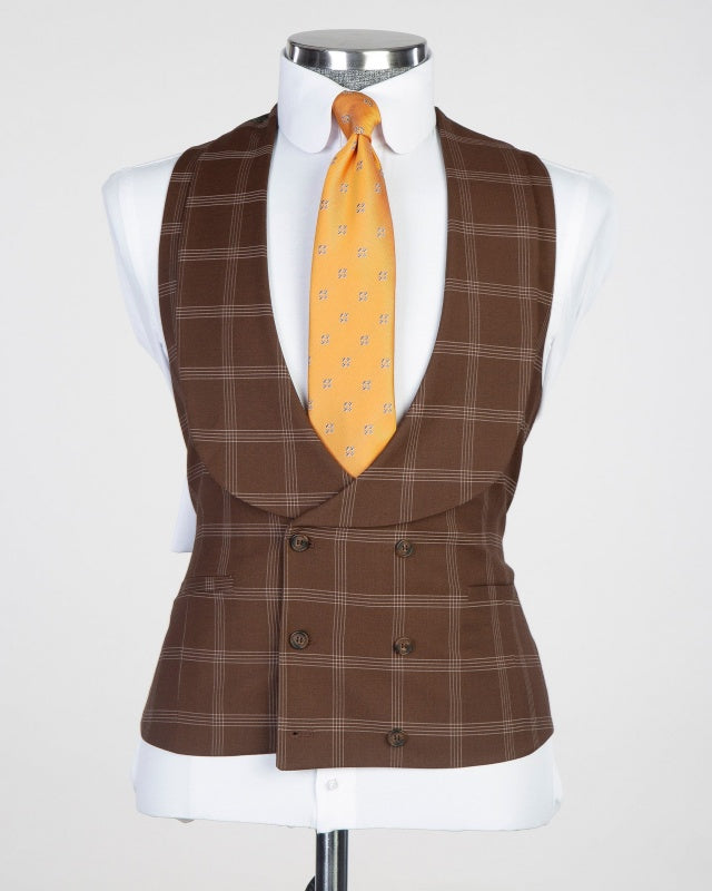 Newest Brown 3 Pieces Plaid Best Fitted Men's Business Suits