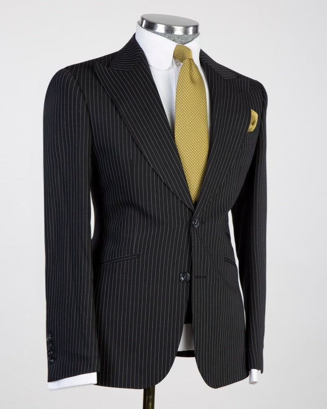 Slim Fit Classic Black Pinstriped 3 Pieces Business Suits For Men