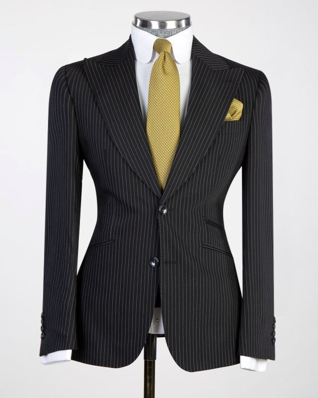Slim Fit Classic Black Pinstriped 3 Pieces Business Suits For Men