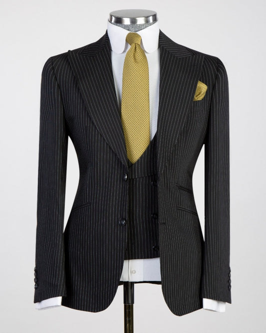 Slim Fit Classic Black Pinstriped 3 Pieces Business Suits For Men
