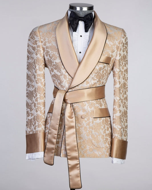 Fashion Champagne Jacquard Double Breasted Prom Suits With Belt