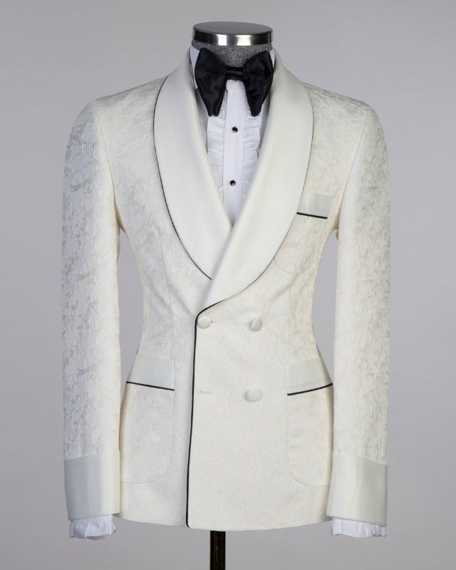 Classic White Jacquard Double Breasted Wedding Suits With Belt