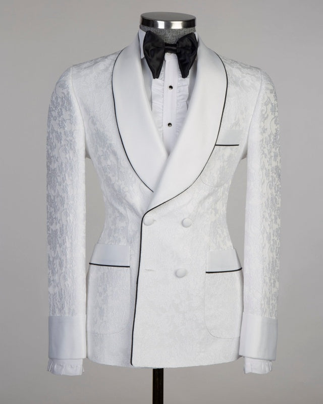 Modern White Jacquard Double Breasted Wedding Suits For Men