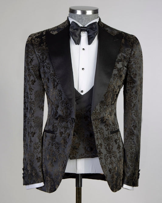 Fashion Black Jacquard 3 Pieces Stylish Prom Men Suits