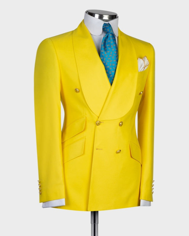 Close Fitting Yellow Double Breasted Shawl Lapel Prom Men Suits