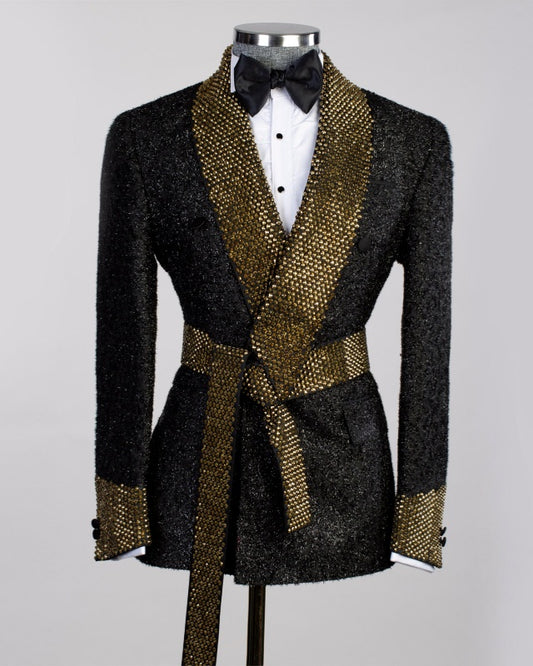 Chic Black Sequins Shawl Lapel Prom Suits With Gold Beading Belt