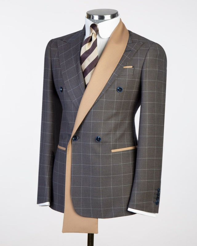 Modern Gray Double Breasted Plaid Prom Suits With Satin Lapel