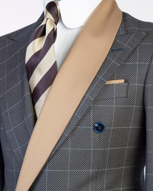 Modern Gray Double Breasted Plaid Prom Suits With Satin Lapel
