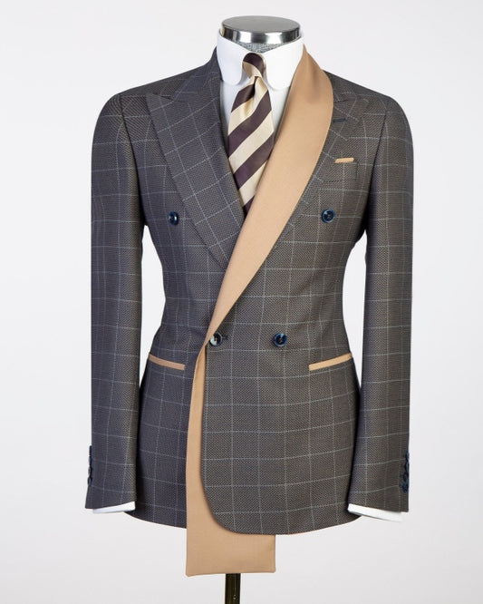 Modern Gray Double Breasted Plaid Prom Suits With Satin Lapel