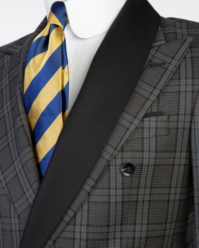 Fashion Dark Gray Double Breasted Plaid Prom Suits With Satin Lapel