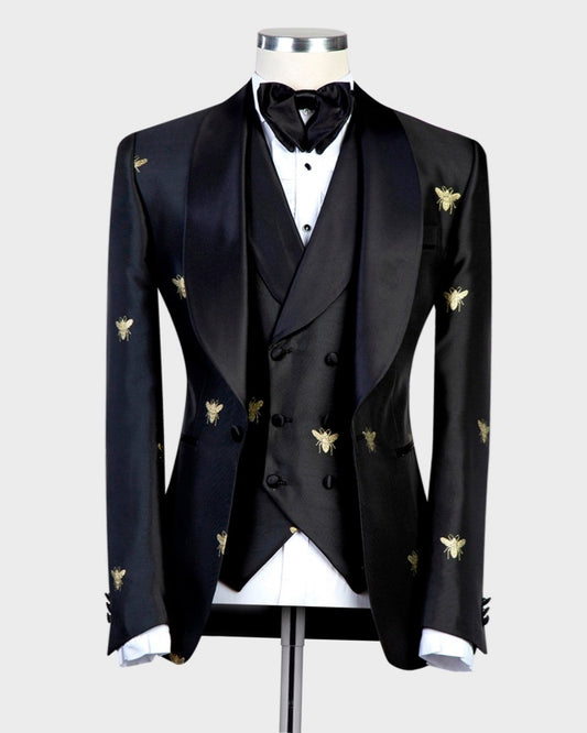 Glamorous Black Jacquard 3 Pieces Prom Men Suits