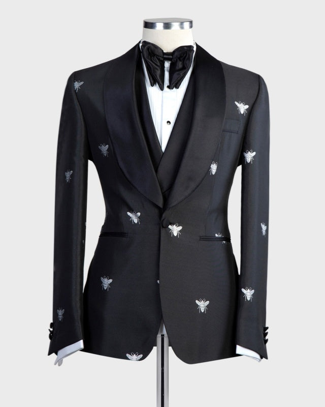 Stylish Dark Navy Jacquard 3 Pieces Prom Suits For Men