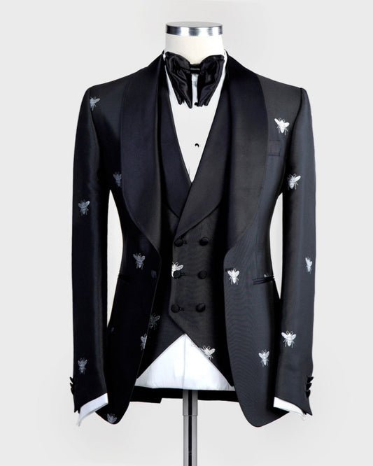 Stylish Dark Navy Jacquard 3 Pieces Prom Suits For Men