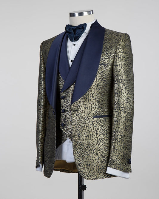 Bespoke Gold Jacquard 3 Pieces Fashion Prom Suits For Men