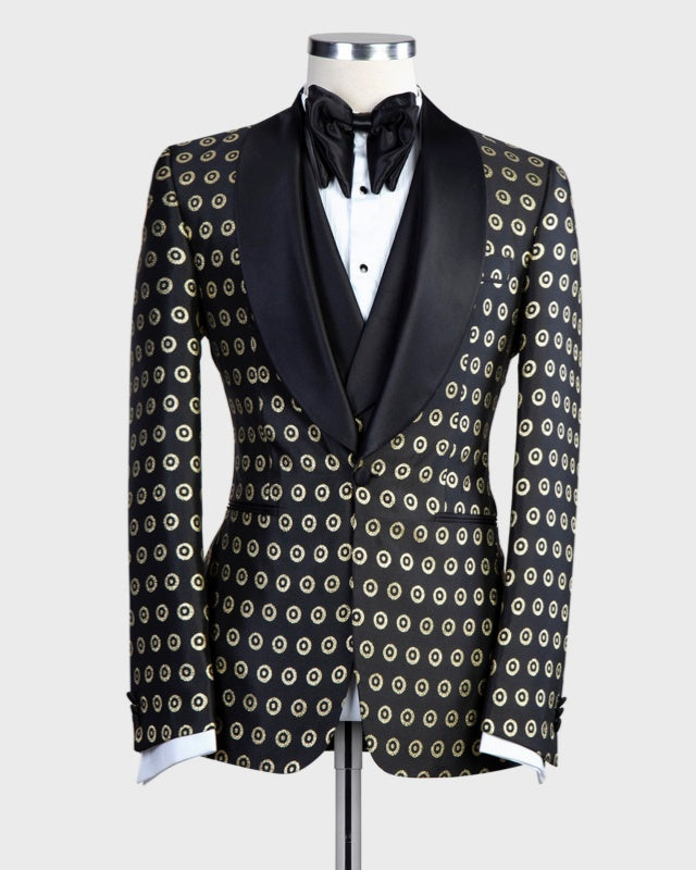 Fancy Black 3 Pieces Shawl Lapel Prom Suits With Gold Circles Jacquard