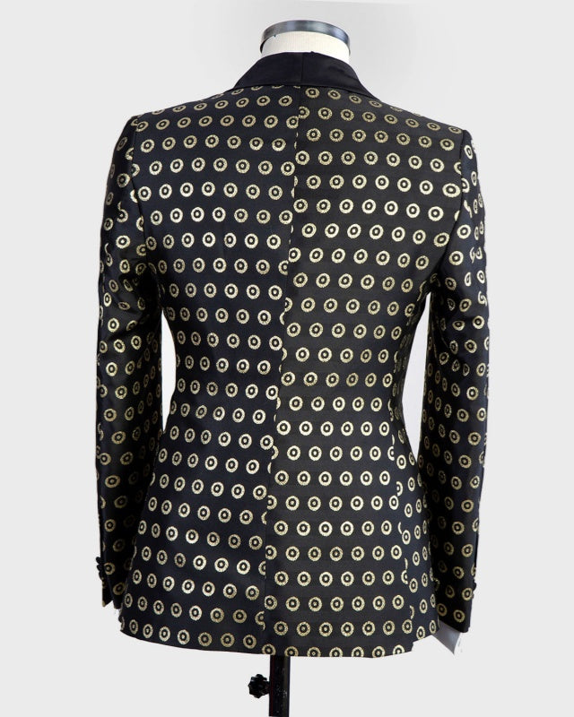 Fancy Black 3 Pieces Shawl Lapel Prom Suits With Gold Circles Jacquard
