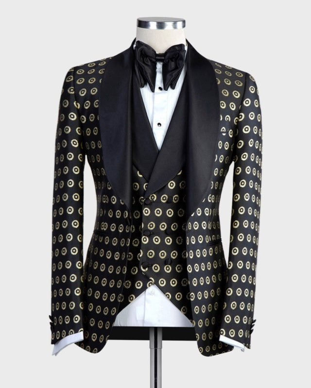 Fancy Black 3 Pieces Shawl Lapel Prom Suits With Gold Circles Jacquard