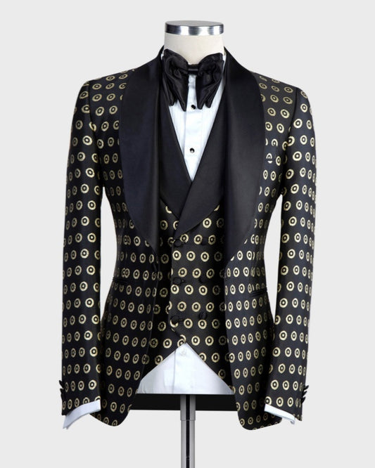 Fancy Black 3 Pieces Shawl Lapel Prom Suits With Gold Circles Jacquard