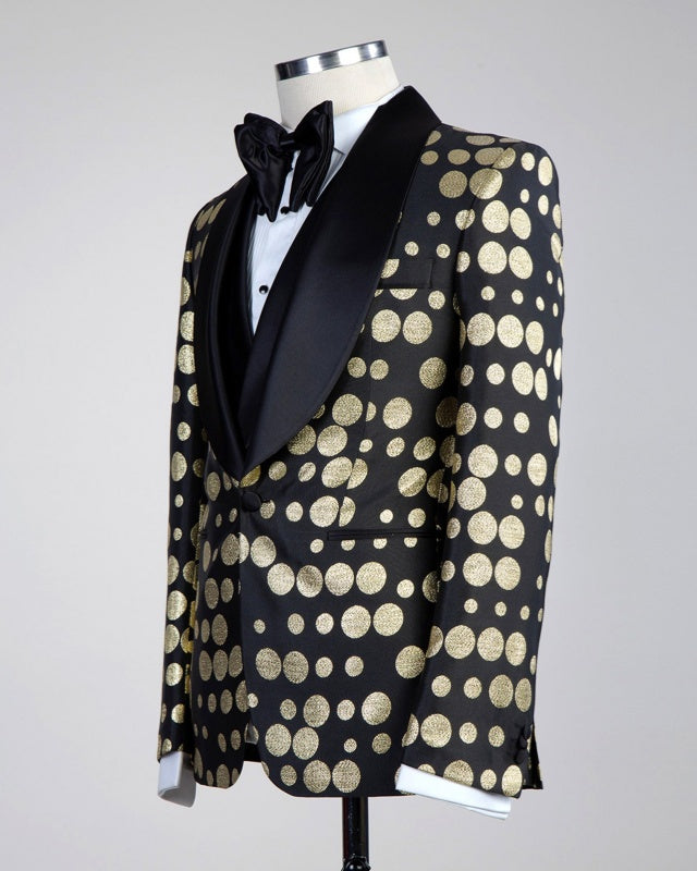 Newest Black 3 Pieces Prom Suits With Gold Jacquard
