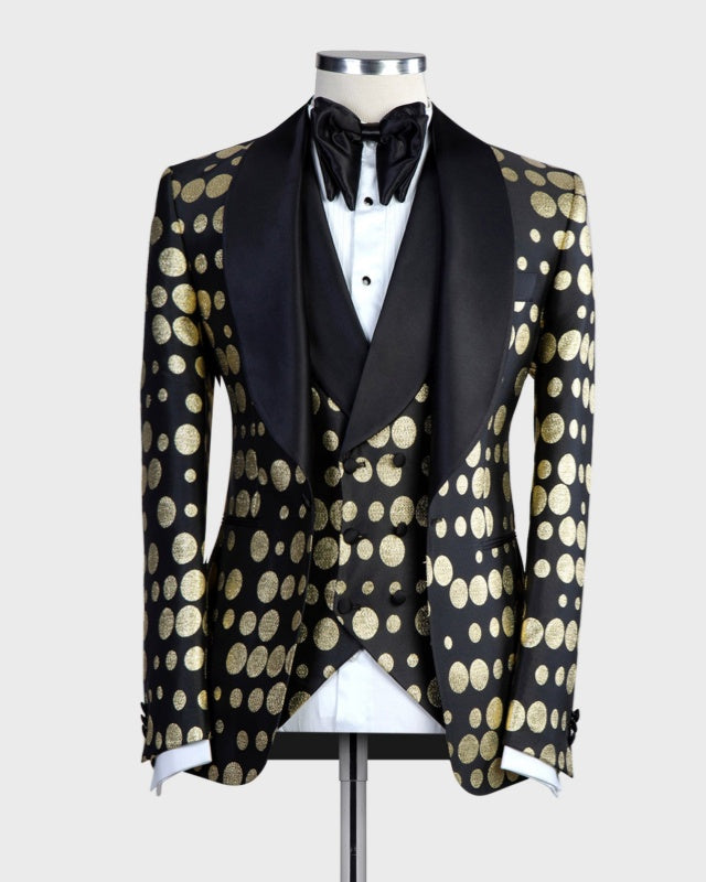 Newest Black 3 Pieces Prom Suits With Gold Jacquard