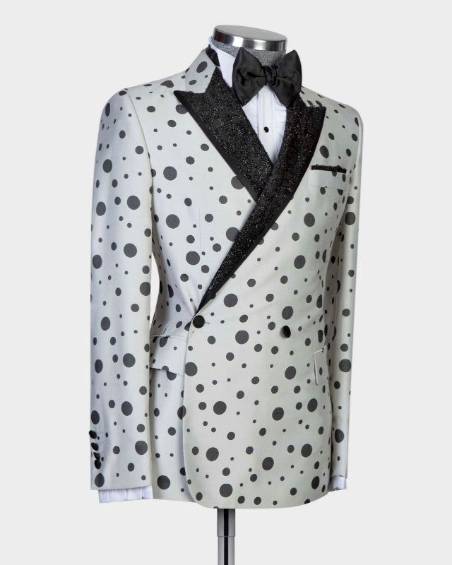 Cool White Double Breasted Sequins Lapel Prom Suits With Black Dot