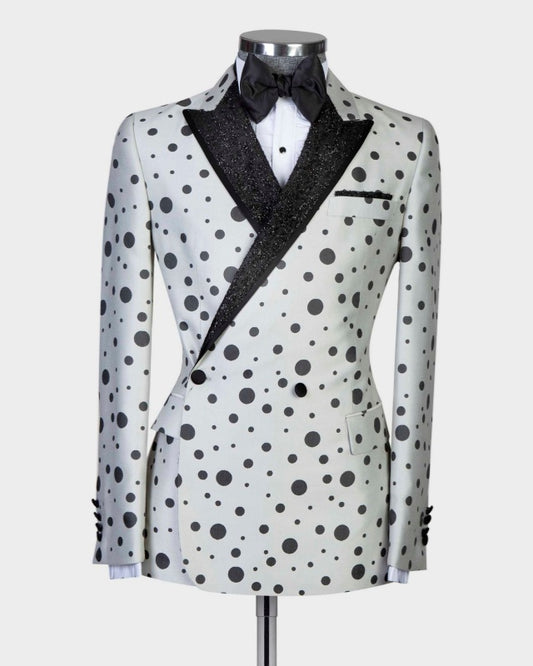 Cool White Double Breasted Sequins Lapel Prom Suits With Black Dot