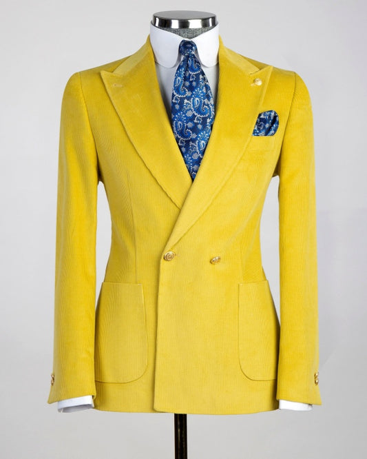 Glamorous Yellow Double Breasted Corduroy Prom Suits For Men