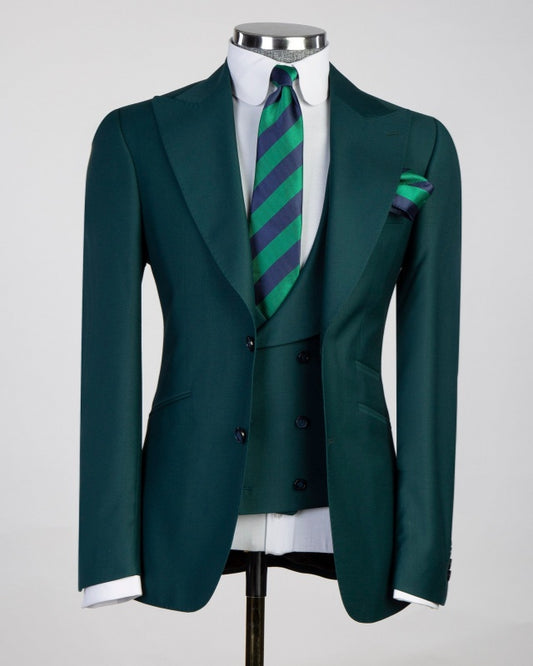 Formal Dark Green 3 Pieces Peaked Lapel Business Suits For Men