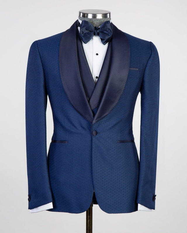 Stylish Navy Blue 3 Pieces Shawl Lapel Wedding Men Suits