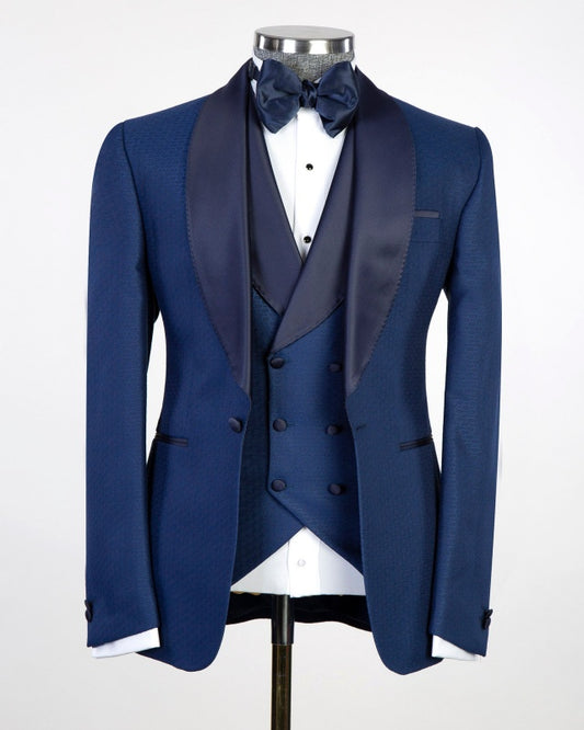 Stylish Navy Blue 3 Pieces Shawl Lapel Wedding Men Suits