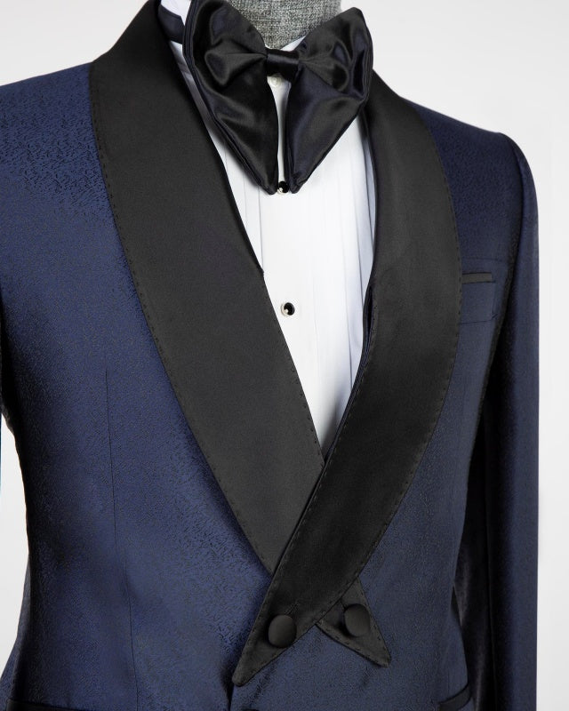 Chic Navy Blue Jacquard Double Breasted Prom Men Suits