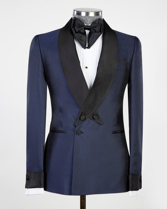 Chic Navy Blue Jacquard Double Breasted Prom Men Suits