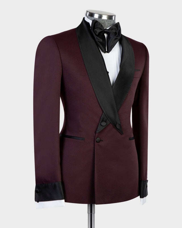 Trendy Dark Burgundy Shawl Lapel Double Breasted Prom Suits