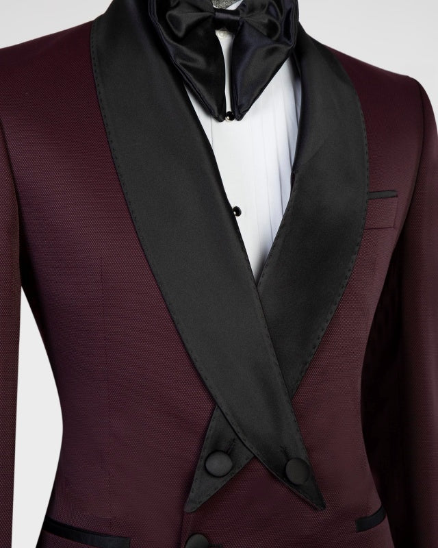 Trendy Dark Burgundy Shawl Lapel Double Breasted Prom Suits