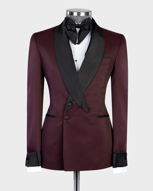 Trendy Dark Burgundy Shawl Lapel Double Breasted Prom Suits