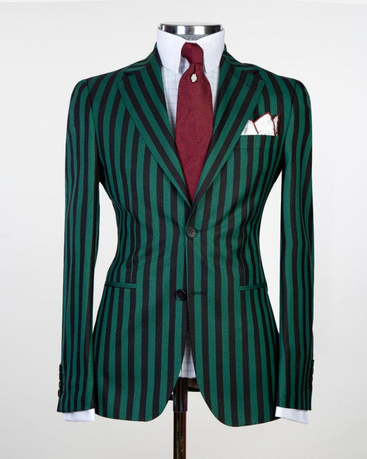 Fashion Dark Green Slim Fit Business Suits With Black Pinstriped
