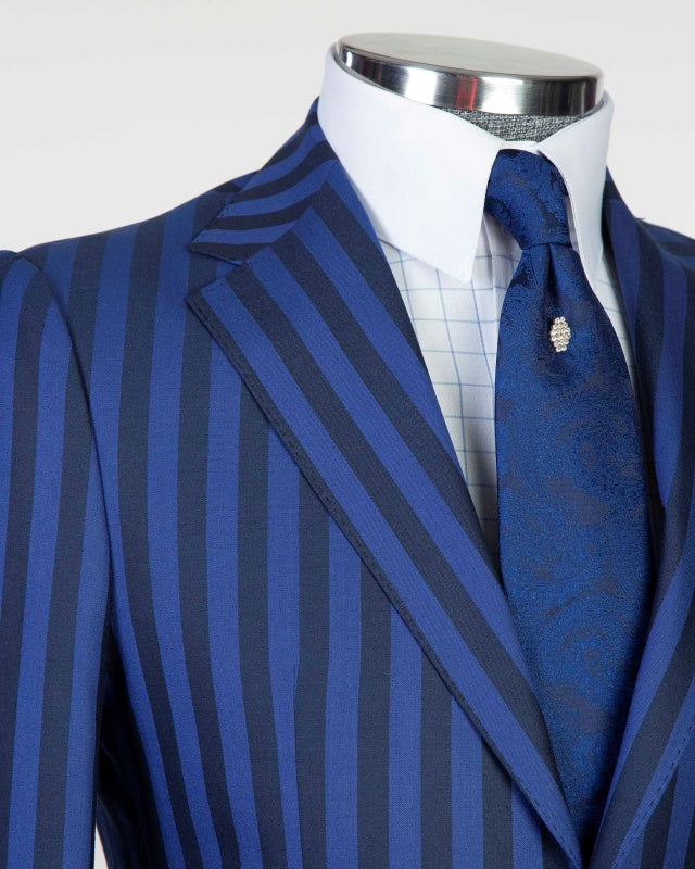 Glamorous Royal Blue Pinstriped Notch Lapel Business Suits For Men