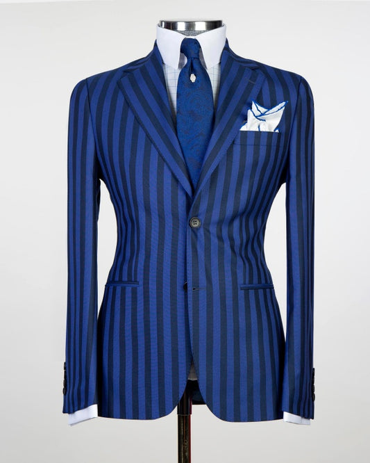Glamorous Royal Blue Pinstriped Notch Lapel Business Suits For Men